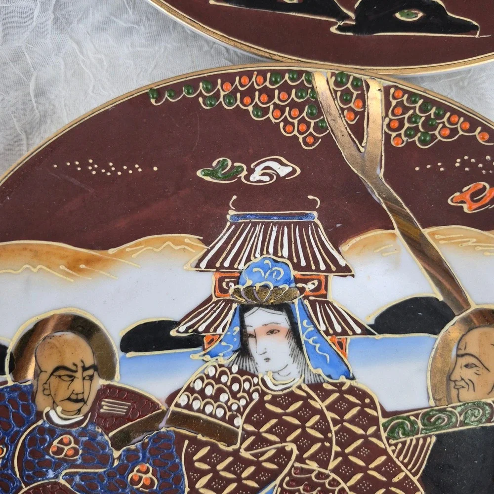 Vintage Japanese Satsuma Moriage Plates Set of 6 Hand Painted Immortals 7.25